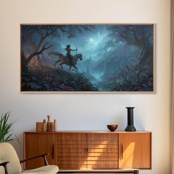 Centaur Archer in Misty Forest Framed Canvas Print, Mythological Art, Luxury Decor, Living Room Decor, Fine Art, Legend, MYT-2x1-12