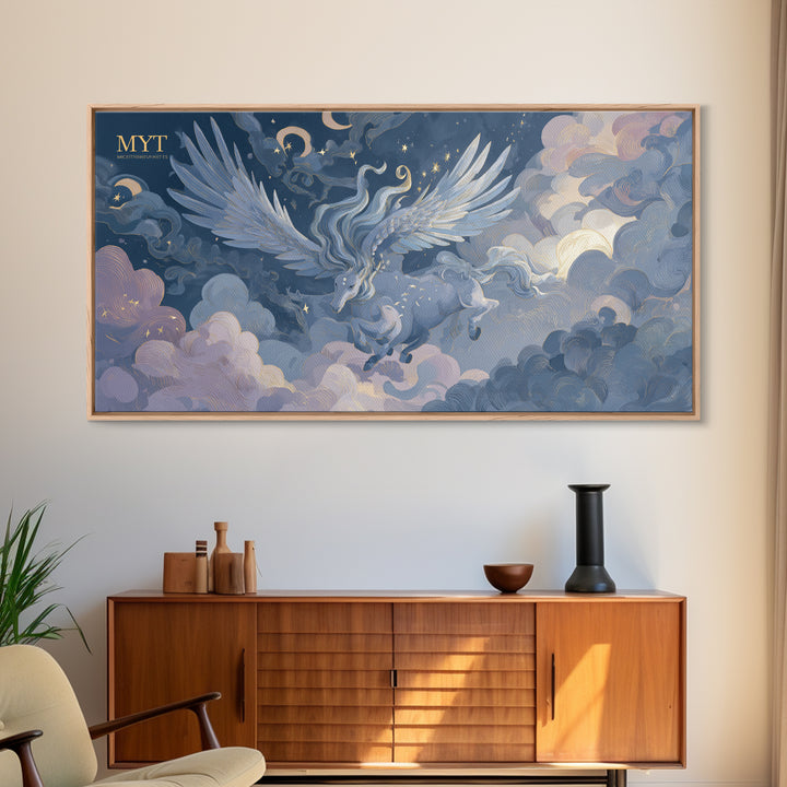 Pegasus Flying Above Cloud Kingdom Canvas Print, Mythological Art, Contemporary Art, Living Room Decor, Fine Art, Legend, MYT-2x1-17