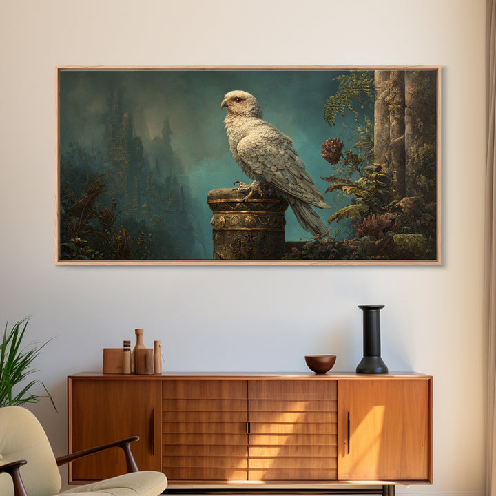 Griffin Perched on Ancient Stone Column Framed Canvas Print, Mythological Art, Luxury Decor, Living Room Decor, Legend, MYT-2x1-34