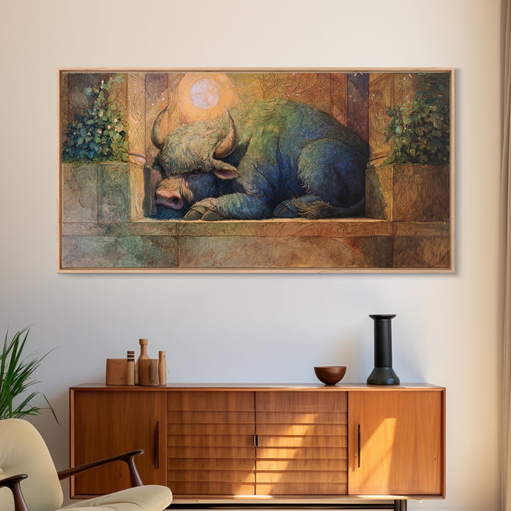 Minotaur in Labyrinth of Warm Stone Framed Canvas Print, Mythological Art, Minimalist Decor, Living Room Decor, Legend, MYT-2x1-37