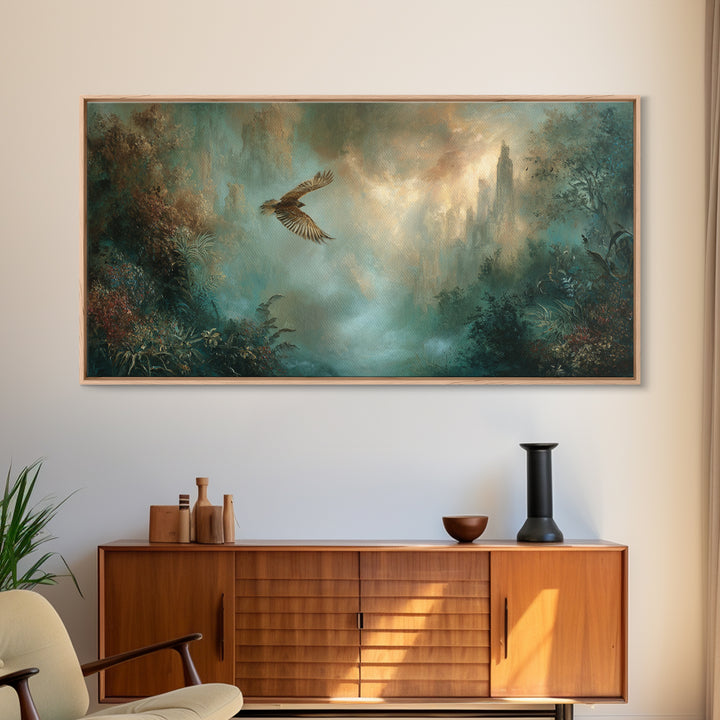 Icarus Falling Through Golden Sky and Feathers Canvas Print, Mythological Art, Art, Living Room Decor, Fine Art, Legend, MYT-2x1-48