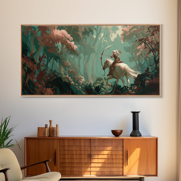 Centaur Archer in Misty Forest Framed Canvas Print, Mythological Art, Prints, Living Room Decor, Legend, Dark Academia Decor, MYT-2x1-60