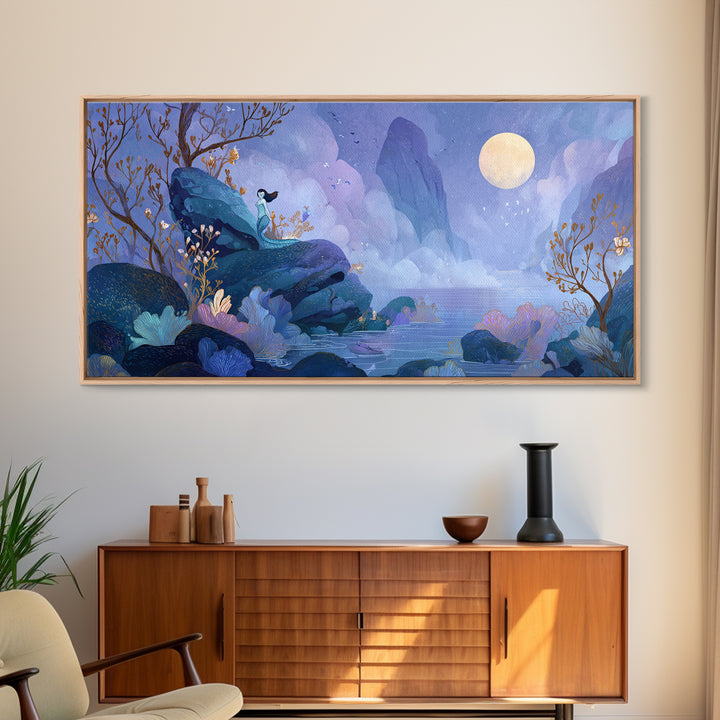 Mermaid Siren on Rocks Framed Canvas Print, Mythological Art, Contemporary Art, Living Room Decor, Legend, Digital Wall Art, MYT-2x1-83