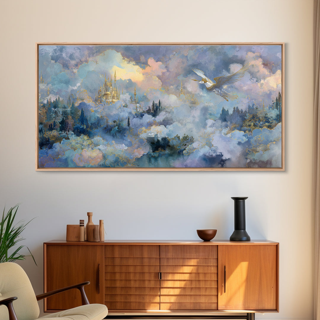 Pegasus Flying Above Cloud Kingdom Canvas Print, Mythological Art, Wall Art Prints, Living Room Decor, Fine Art, Legend, MYT-2x1-89