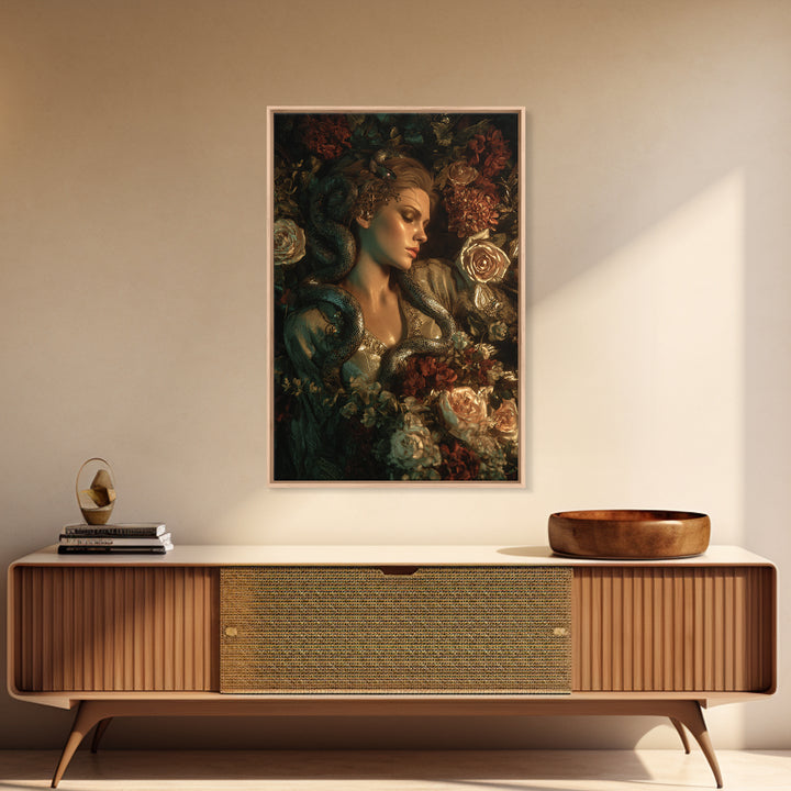 Medusa Portrait with Serpents and Tragic Beauty Framed Canvas Print, Mythological Art, Art Print, Living Room Decor, Legend, MYT-2x3-33