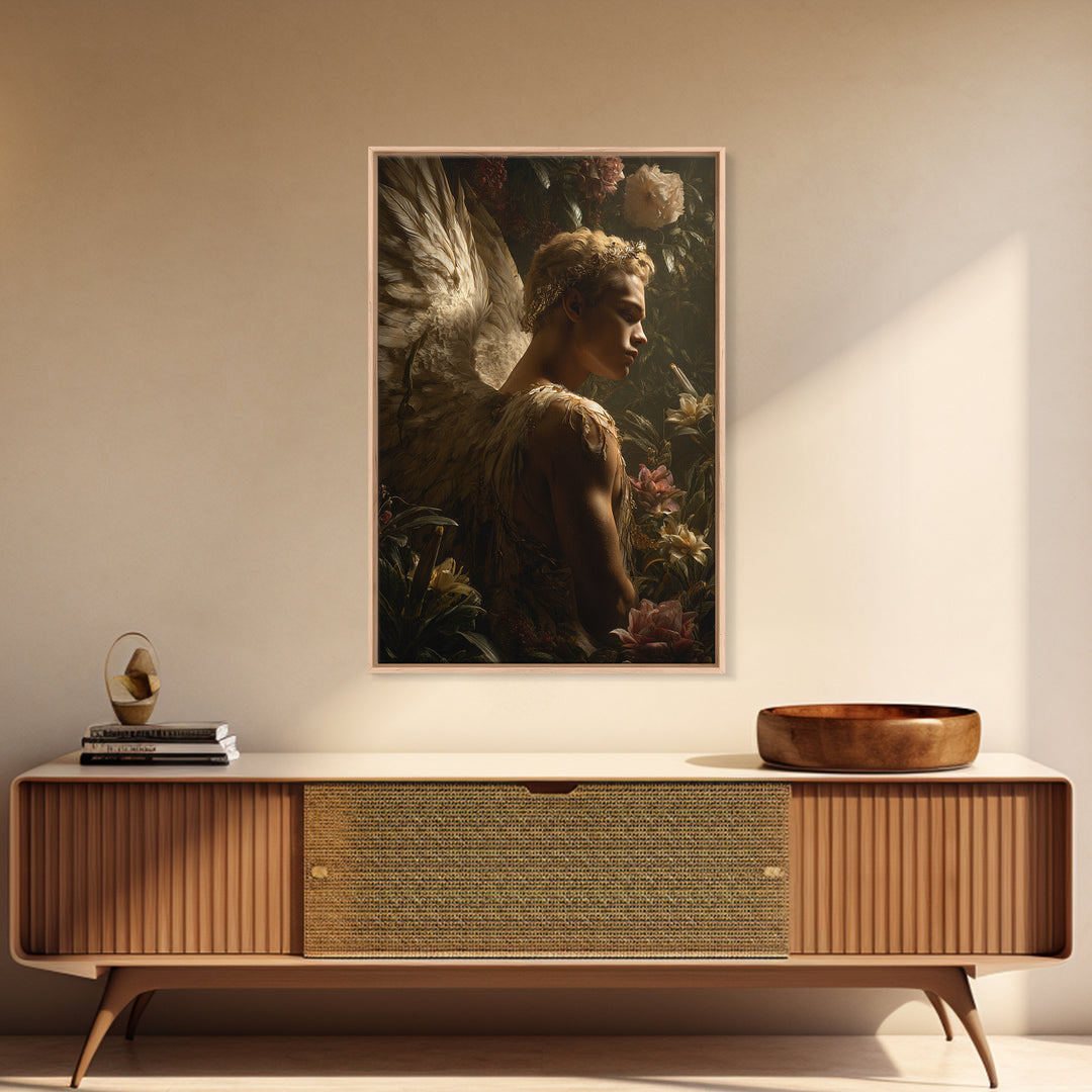 Icarus Falling Through Golden Sky and Feathers Canvas Print, Mythological Art, Living Room Wall Art, Living Room Decor, Legend, MYT-2x3-36
