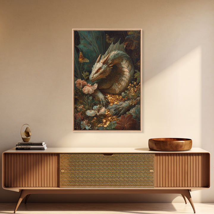 Dragon Guarding a Hoard of Ancient Gold Framed Canvas Print, Mythological Art, Fine Art Print, Living Room Decor, Legend, MYT-2x3-4