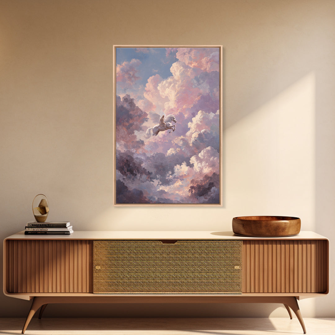 Pegasus Flying Above Cloud Kingdom Canvas Print, Mythological Art, Artwork, Living Room Decor, Legend, Gallery Wall Art, MYT-2x3-77