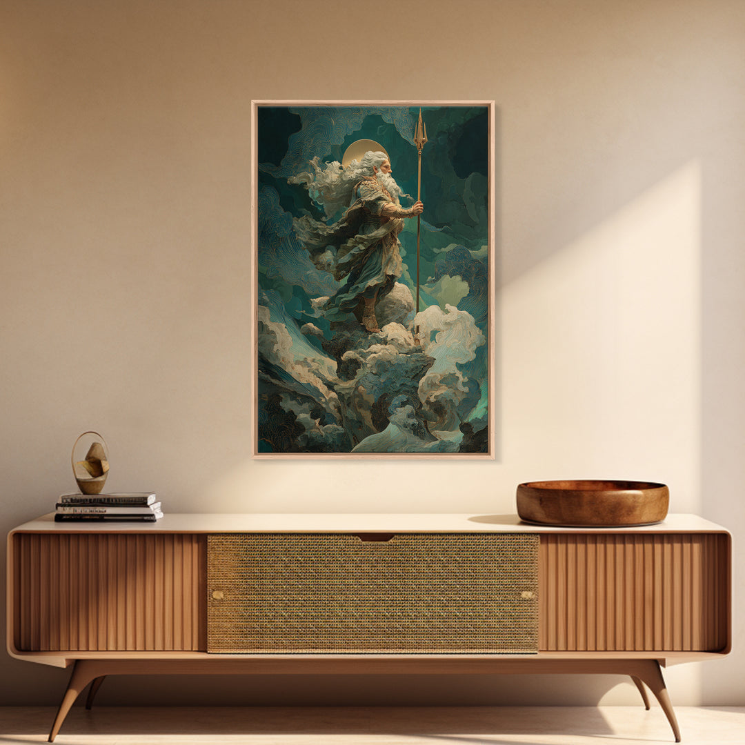 Poseidon Figure Rising from Stormy Ocean Framed Canvas Print, Mythological Art, Portrait, Living Room Decor, Fine Art, Legend, MYT-2x3-83