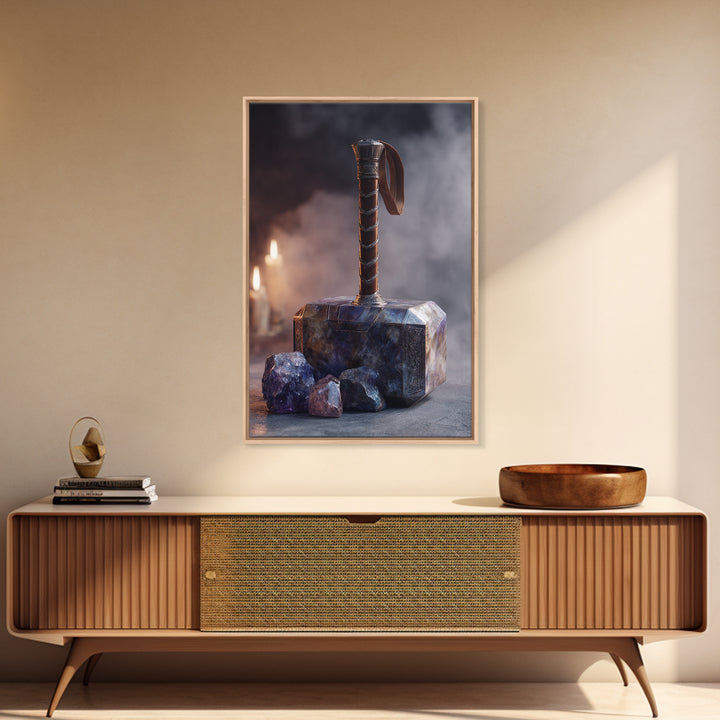 Thor Hammer and Lightning Still Life Framed Canvas Print, Mythological Art, Print, Living Room Decor, Fine Art, Legend, MYT-2x3-90