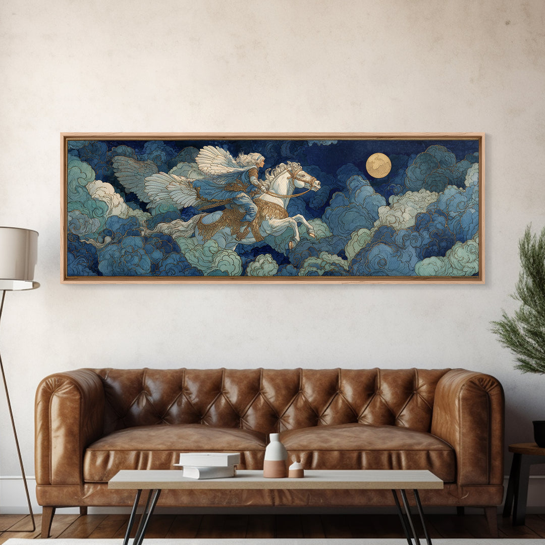 Norse Valkyrie Riding Through Storm Clouds Canvas Print, Mythological Art, Dark Academia Decor, Living Room Decor, Abstract Art, MYT-3x1-25