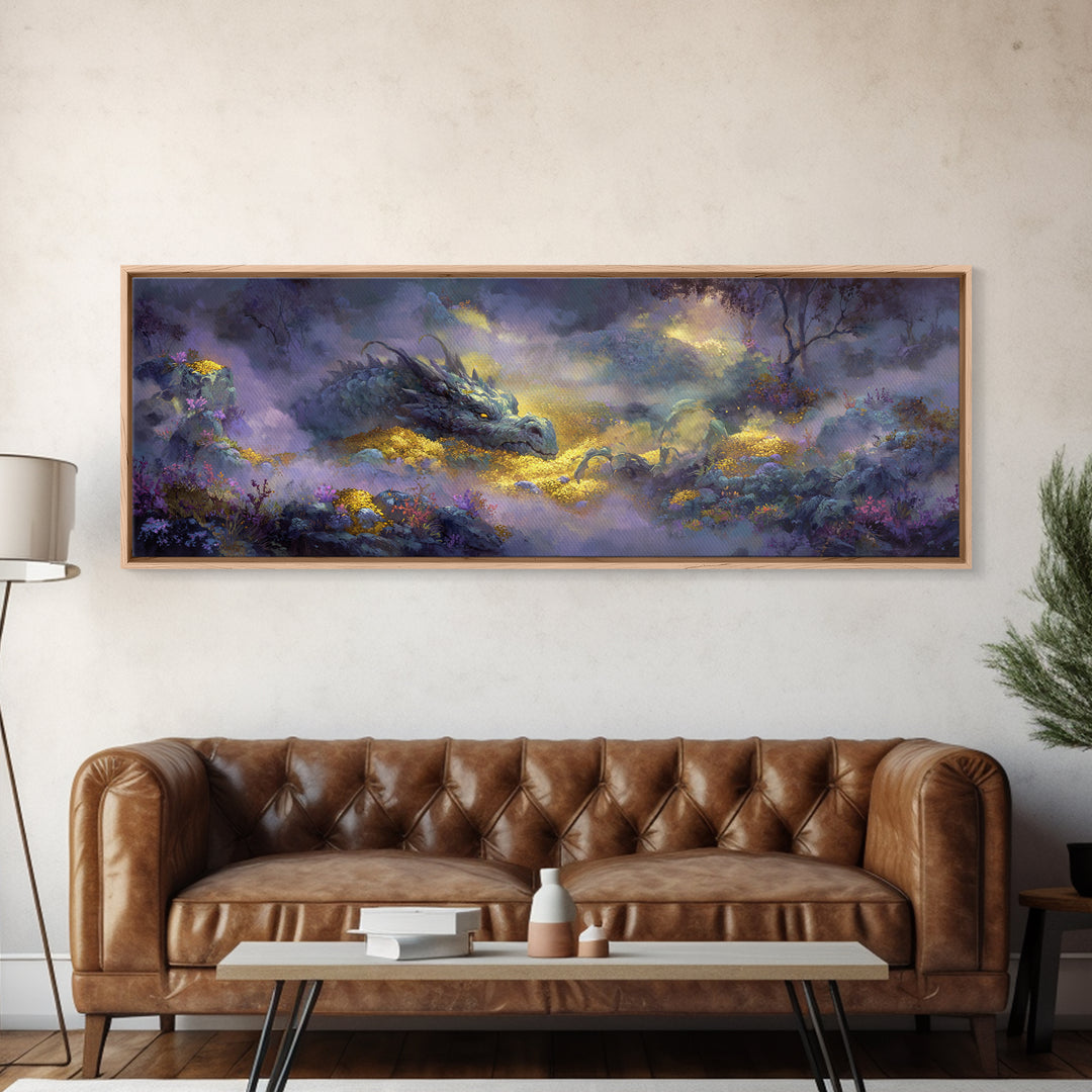 Dragon Guarding a Hoard of Ancient Gold Canvas Print, Mythological Art, Digital Art Download, Living Room Decor, Legend, MYT-3x1-36