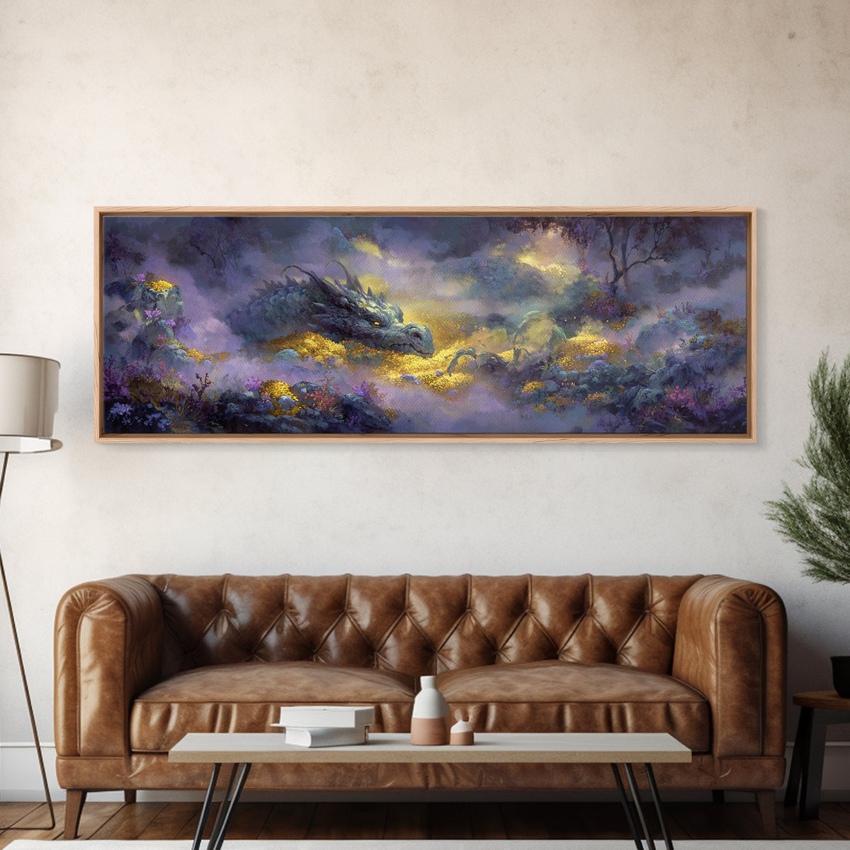 Dragon Guarding a Hoard of Ancient Gold Canvas Print, Mythological Art, Digital Art Download, Living Room Decor, Legend, MYT-3x1-36