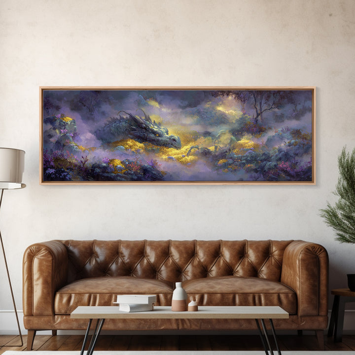 Dragon Guarding a Hoard of Ancient Gold Canvas Print, Mythological Art, Digital Art Download, Living Room Decor, Legend, MYT-3x1-36