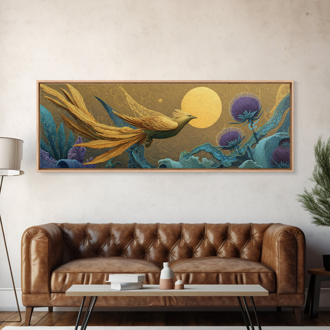 Icarus Falling Through Golden Sky and Feathers Framed Canvas Print, Mythological Art, Gallery Decor, Living Room Decor, Legend, MYT-3x1-44