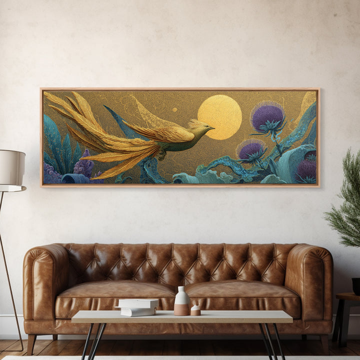 Icarus Falling Through Golden Sky and Feathers Framed Canvas Print, Mythological Art, Gallery Decor, Living Room Decor, Legend, MYT-3x1-44