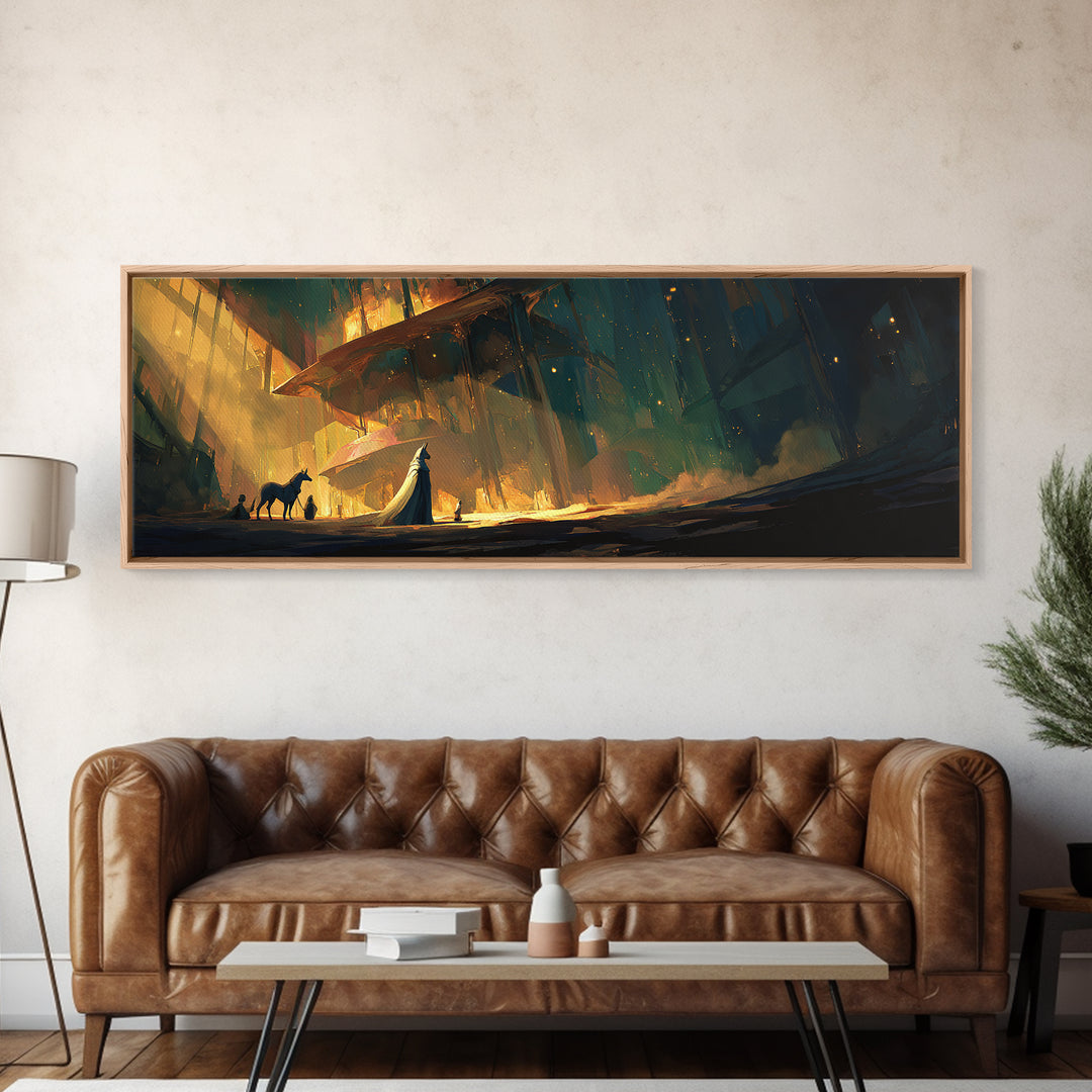 Anubis Profile with Desert Stars Framed Canvas Print, Mythological Art, Wall Decor, Living Room Decor, Oil Painting, Legend, MYT-3x1-51