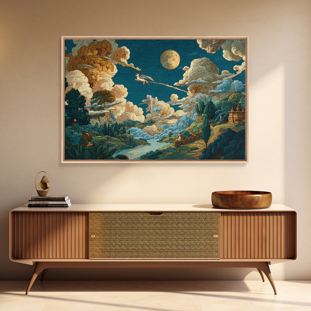 Pegasus Flying Above Cloud Kingdom Framed Canvas Print, Mythological Art, Living Room Decor, Abstract Art, Legend, Home Decor, MYT-3x2-25