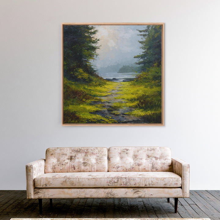 Sunlit Forest Path Framed Canvas Print, Nature Art, Bird Wall Art, Living Room Decor, Fine Art, Nature, Textured Painting, NAT-1x1-1