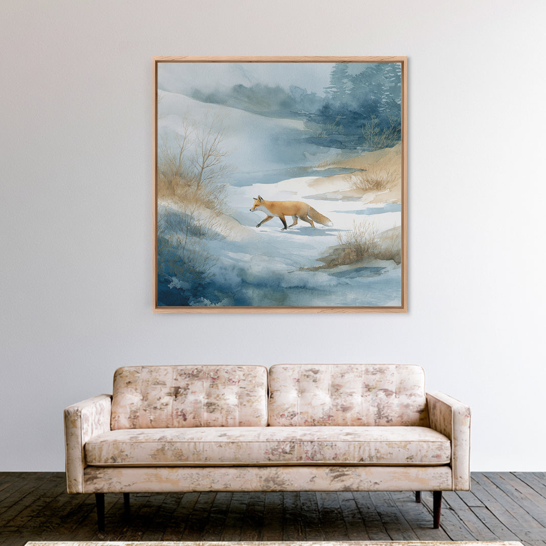 Fox Crossing a Snowy Forest Clearing Canvas Print, Nature Art, Stained Glass Art, Living Room Decor, Fine Art, Nature, NAT-1x1-10