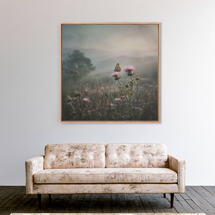 Butterfly Resting on a Blooming Thistle Framed Canvas Print, Nature Art, Mountain Art, Living Room Decor, Watercolor Art, NAT-1x1-100