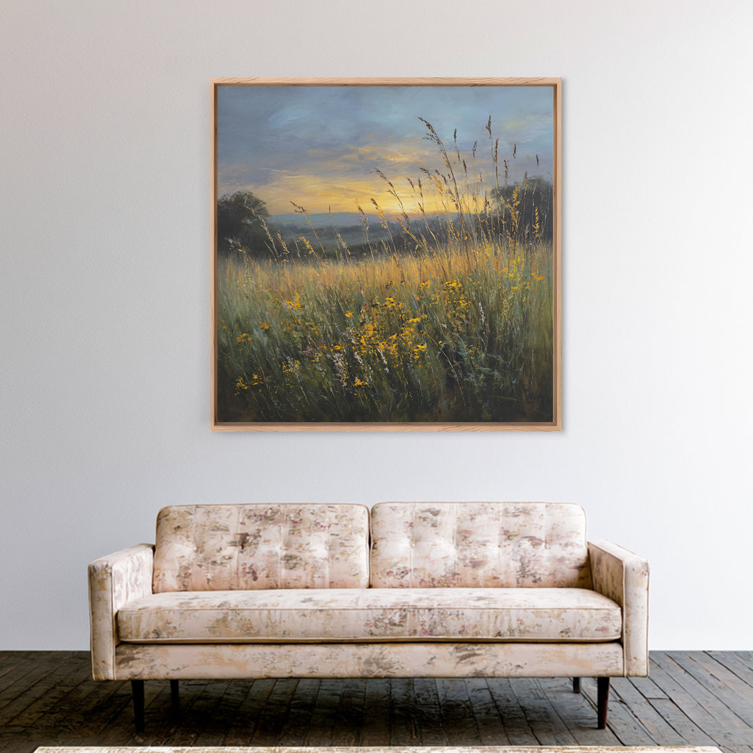 Sunrise Through Tall Grass and Wildflowers Framed Canvas Print, Nature Art, Framed Art, Living Room Decor, Watercolor Art, NAT-1x1-11