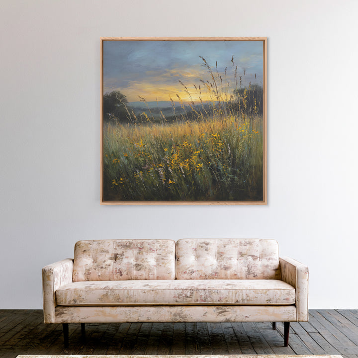 Sunrise Through Tall Grass and Wildflowers Framed Canvas Print, Nature Art, Framed Art, Living Room Decor, Watercolor Art, NAT-1x1-11