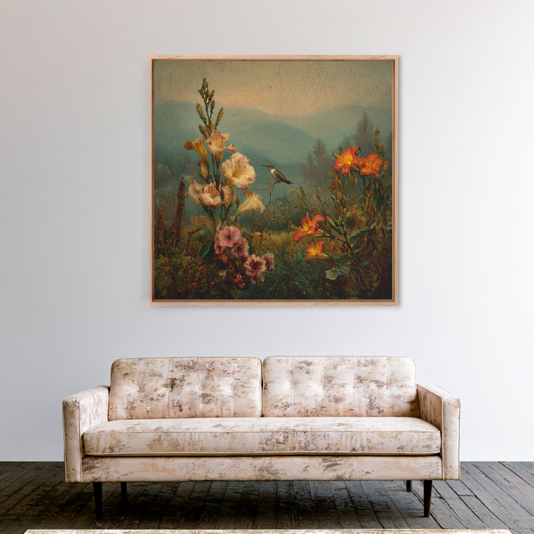 Hummingbird Beside Bright Trumpet Flowers Framed Canvas Print, Nature Art, Art, Living Room Decor, Oil Painting, Nature, NAT-1x1-12