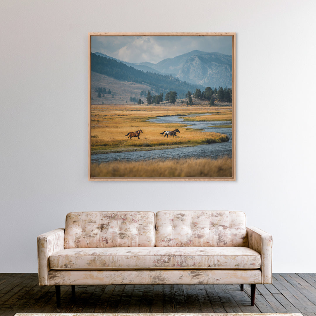 Wild Horses Running Near Mountain Ridge Canvas Print, Nature Art, Modern Wall Art, Living Room Decor, Fine Art, Nature, NAT-1x1-22