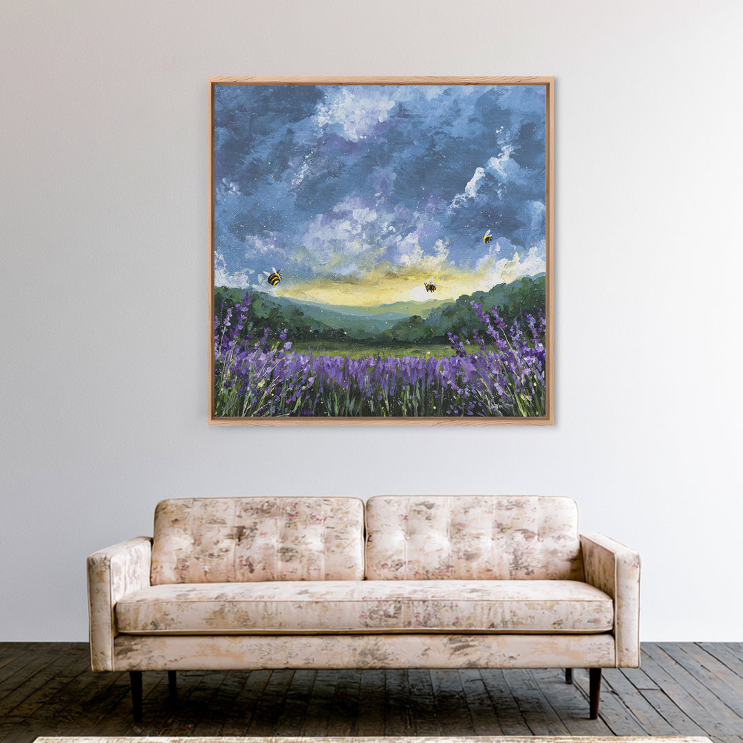 Bees Circling Lavender Blossoms Canvas Print, Nature Art, Original Painting, Living Room Decor, Nature, Mountain Wall Art, NAT-1x1-23