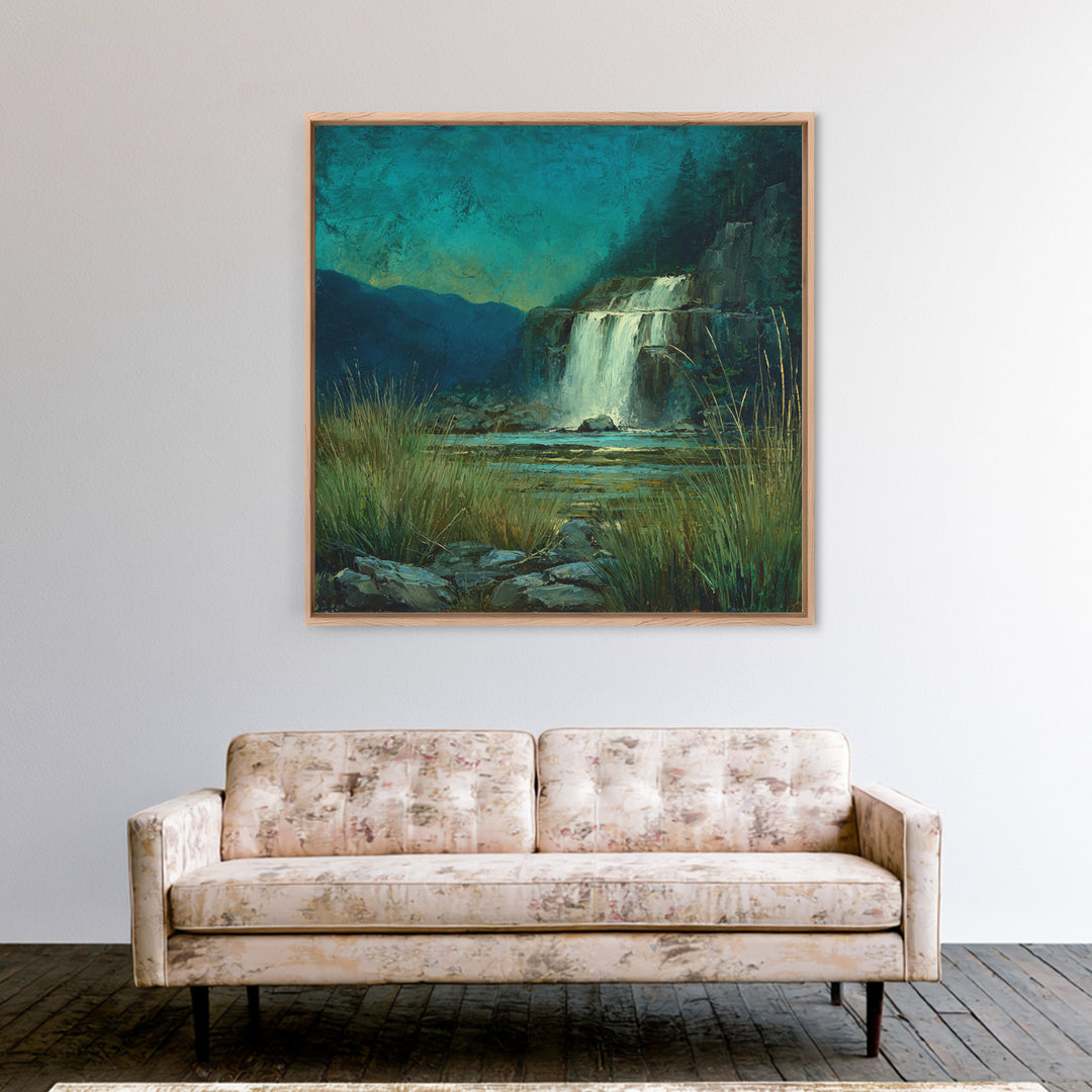 Waterfall Hidden Among Dark Green Rocks Framed Canvas Print, Nature Art, 3d Wall Art, Living Room Decor, Fine Art, Nature, NAT-1x1-27