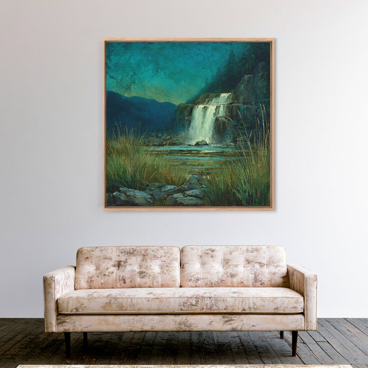 Waterfall Hidden Among Dark Green Rocks Framed Canvas Print, Nature Art, 3d Wall Art, Living Room Decor, Fine Art, Nature, NAT-1x1-27