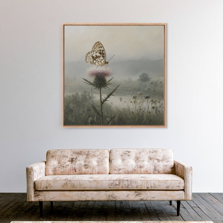 Butterfly Resting on a Blooming Thistle Framed Canvas Print, Nature Art, Living Room Decor, Oil Painting, Nature, NAT-1x1-28