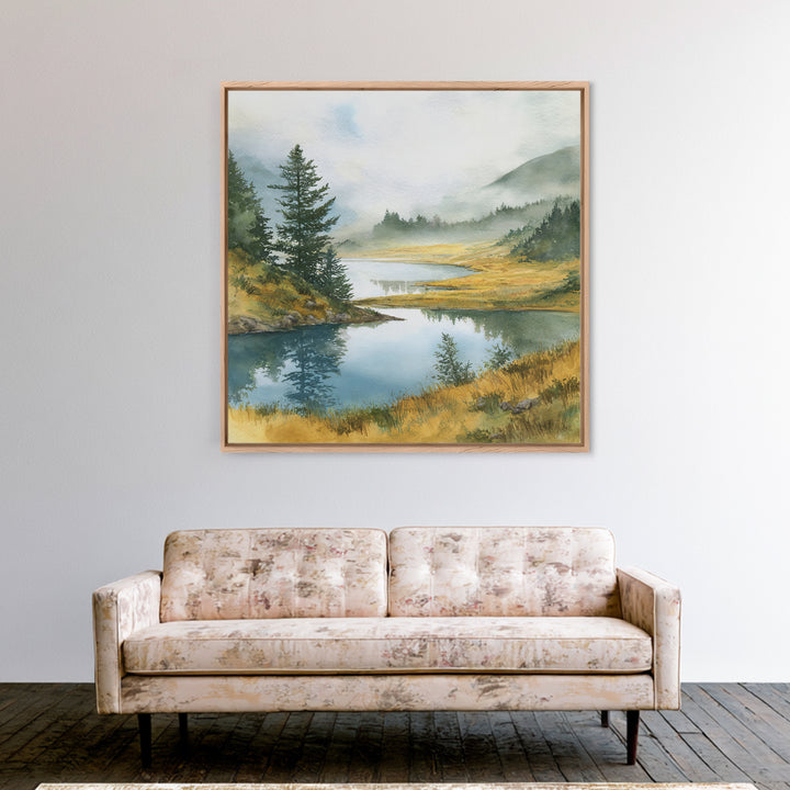 Misty Mountain Lake Framed Canvas Print, Nature Art, Fine Art Print, Living Room Decor, Watercolor Art, Nature, Poster, NAT-1x1-29