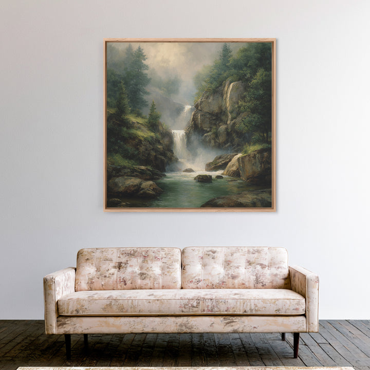 Waterfall Hidden Among Dark Green Rocks Canvas Print, Nature Art, Floral, Living Room Decor, Abstract Art, Nature, Moss Art, NAT-1x1-3