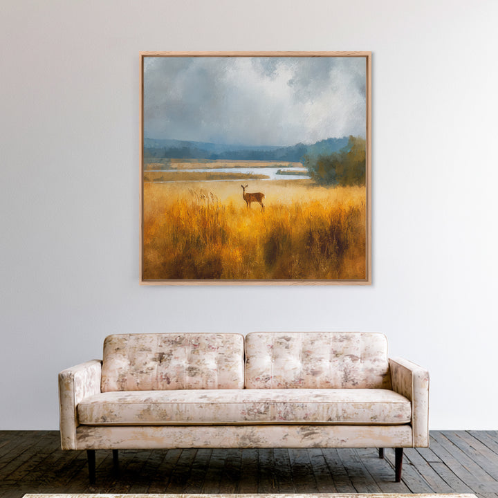 Deer Standing in a Golden Field Framed Canvas Print, Nature Art, Gallery Decor, Living Room Decor, Fine Art, Nature, NAT-1x1-32