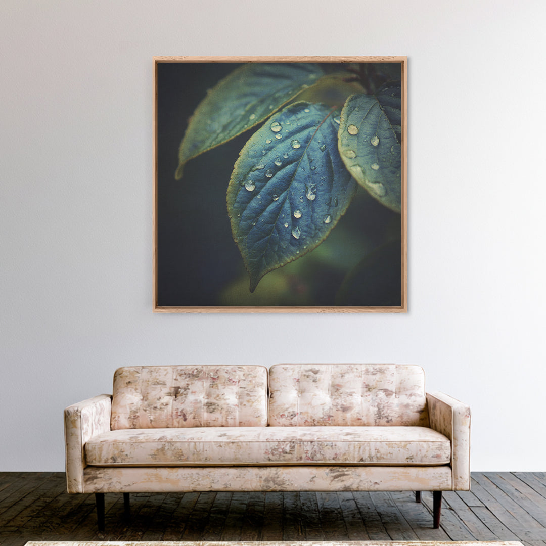 Rain Drops on a Large Green Leaf Framed Canvas Print, Nature Art, Statement Artwork, Living Room Decor, Fine Art, Nature, NAT-1x1-33