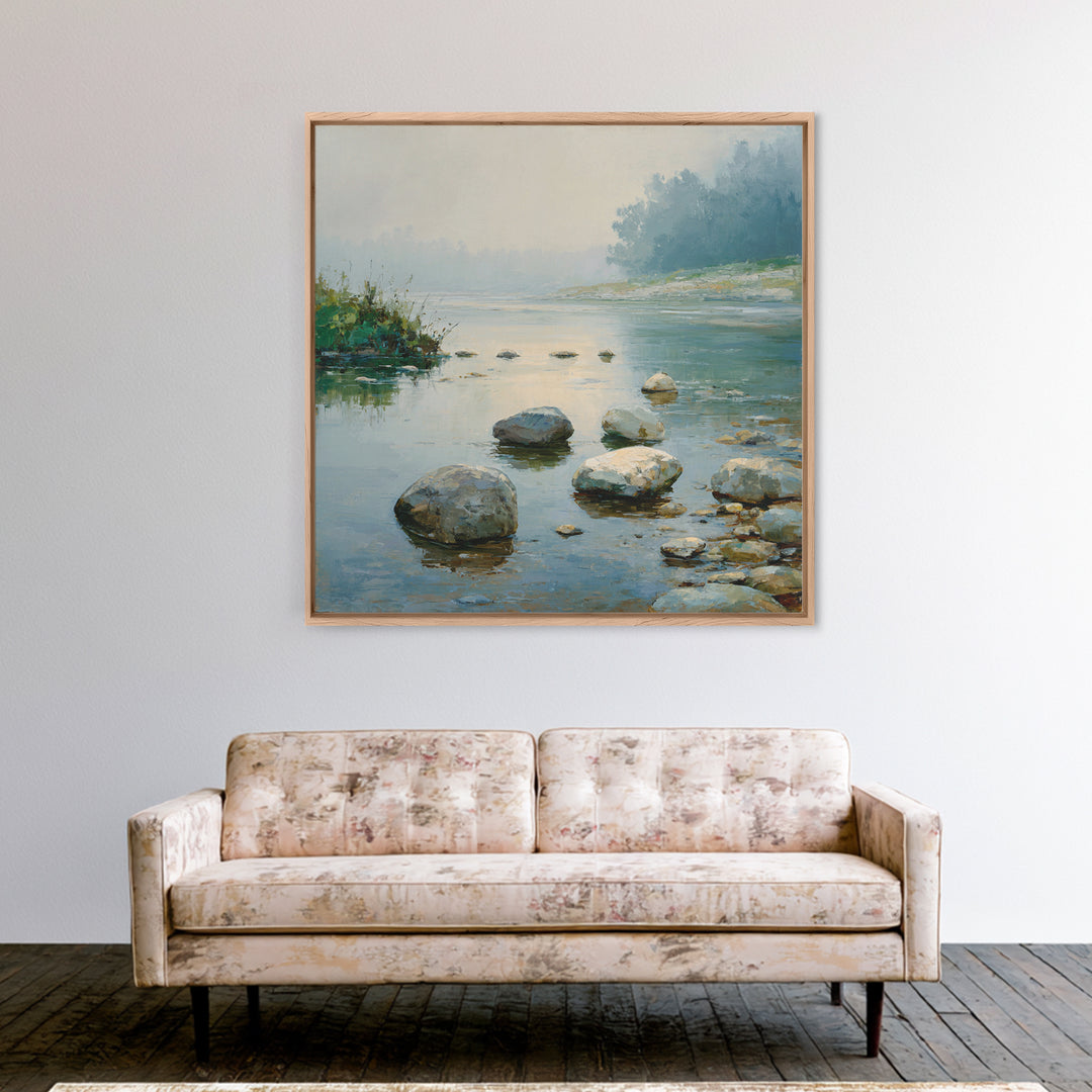 River Stones under Clear Shallow Water Framed Canvas Print, Nature Art, Mountain Art, Living Room Decor, Oil Painting, Nature, NAT-1x1-37