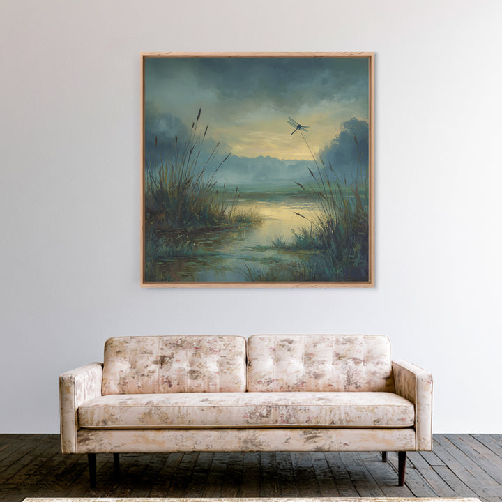 Dragonfly over a Pond with Reeds Framed Canvas Print, Nature Art, Moss Art, Living Room Decor, Abstract Art, Nature, NAT-1x1-42