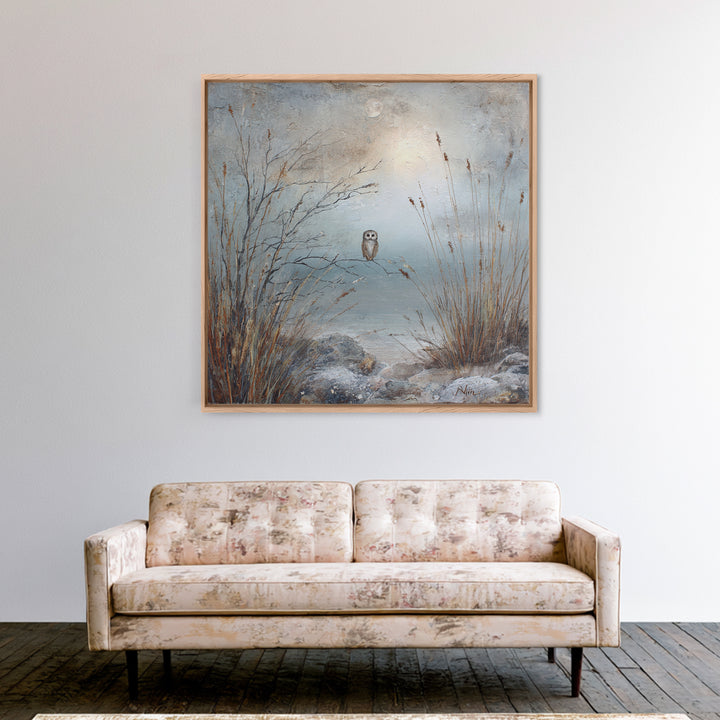 Owl in Moonlit Branches Framed Canvas Print, Nature Art, Living Room Wall Art, Living Room Decor, Nature, Neutral Decor, NAT-1x1-43