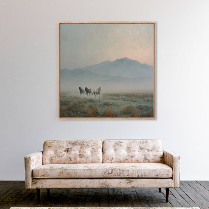 Wild Horses Running Near Mountain Ridge Framed Canvas Print, Nature Art, Landscape Art, Living Room Decor, Oil Painting, Nature, NAT-1x1-46