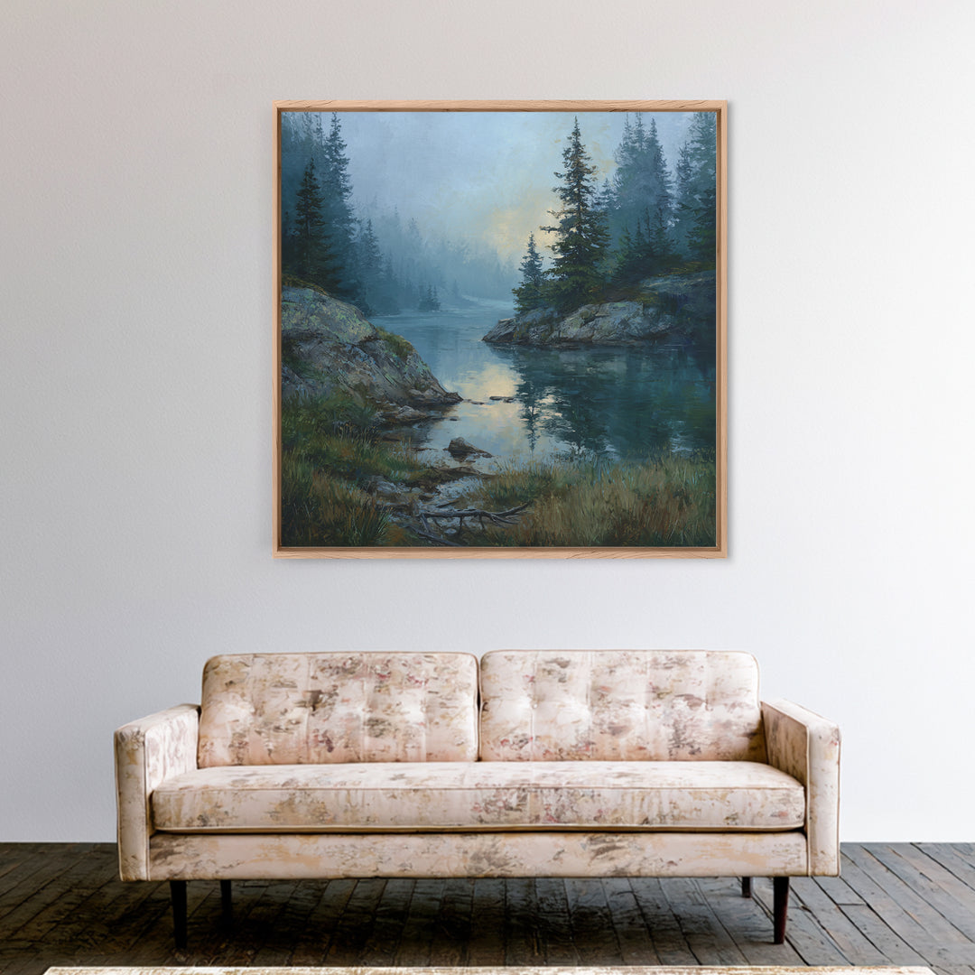 Misty Mountain Lake Canvas Print, Nature Art, Nature Wall Art, Living Room Decor, Fine Art, Nature, Textured Painting, NAT-1x1-5