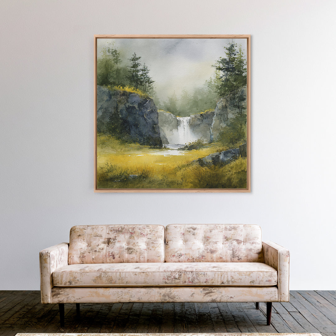 Waterfall Hidden Among Dark Green Rocks Framed Canvas Print, Nature Art, Bird Wall Art, Living Room Decor, Oil Painting, Nature, NAT-1x1-51