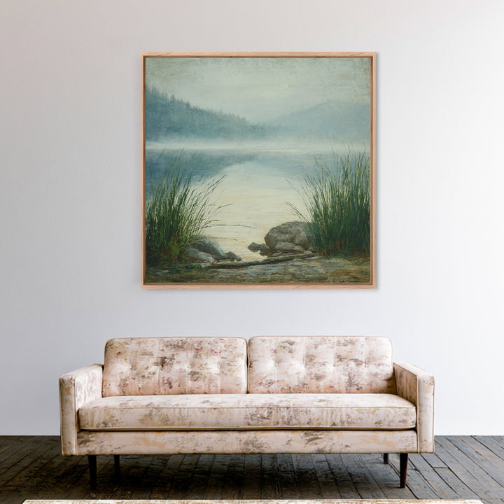 Misty Mountain Lake Framed Canvas Print, Nature Art, Fine Art Print, Living Room Decor, Watercolor Art, Nature, Poster, NAT-1x1-53