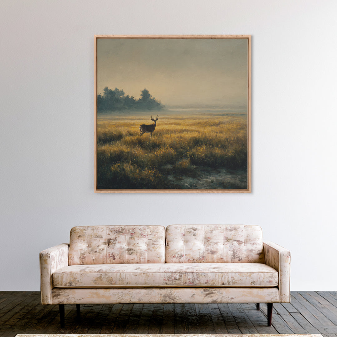 Deer Standing in a Golden Field Framed Canvas Print, Nature Art, Floral, Living Room Decor, Fine Art, Nature, Moss Art, NAT-1x1-56