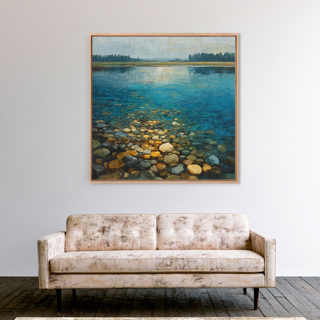 River Stones under Clear Shallow Water Framed Canvas Print, Nature Art, Mountain Art, Living Room Decor, Oil Painting, Nature, NAT-1x1-61