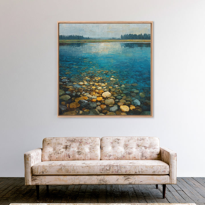 River Stones under Clear Shallow Water Framed Canvas Print, Nature Art, Mountain Art, Living Room Decor, Oil Painting, Nature, NAT-1x1-61