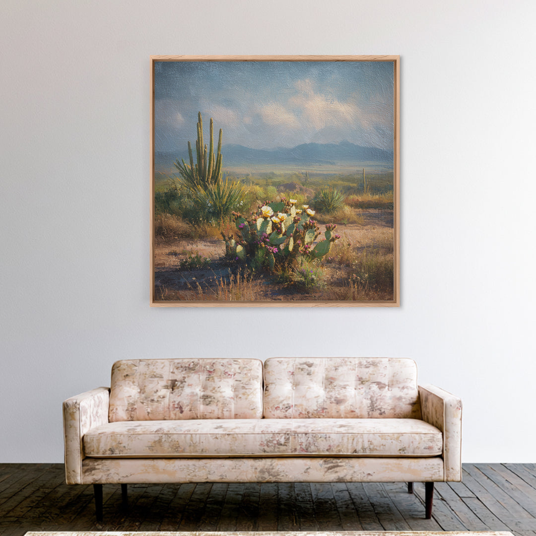 Desert Cactus Blooming After Rain Framed Canvas Print, Nature Art, Moss Art, Living Room Decor, Oil Painting, Nature, NAT-1x1-68