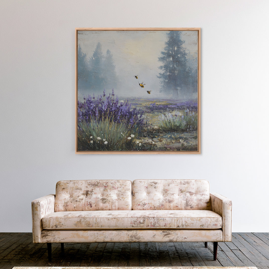 Bees Circling Lavender Blossoms Framed Canvas Print, Nature Art, Ocean Art, Living Room Decor, Fine Art, Nature, Art Print, NAT-1x1-71