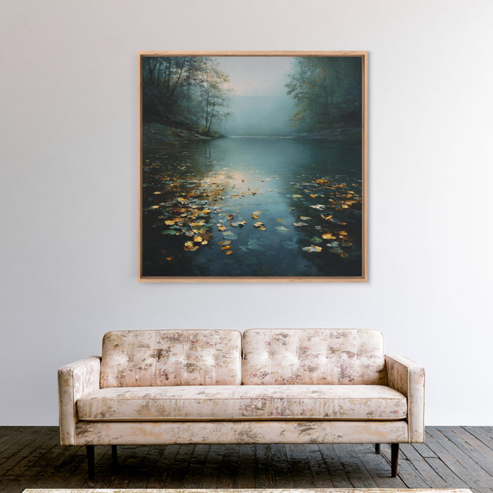 Autumn Leaves Floating on Quiet Stream Framed Canvas Print, Nature Art, Gallery Decor, Living Room Decor, Fine Art, Nature, NAT-1x1-78